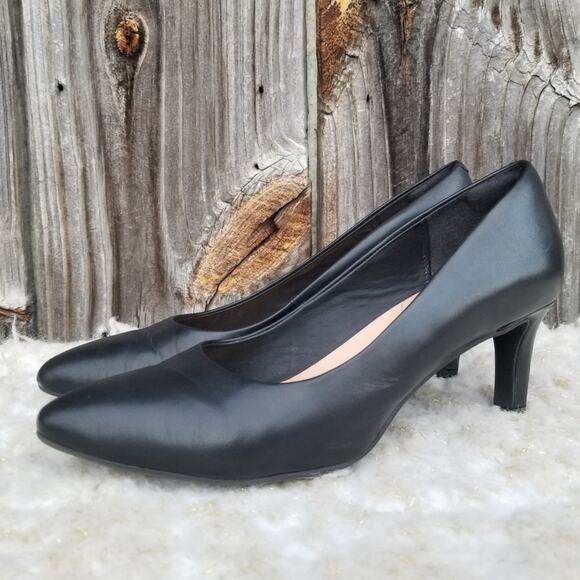 Black Leather Work Pumps Clarks Artisan Calla Rose Size 9 Comfort Cushion Heels - Picture 3 of 14